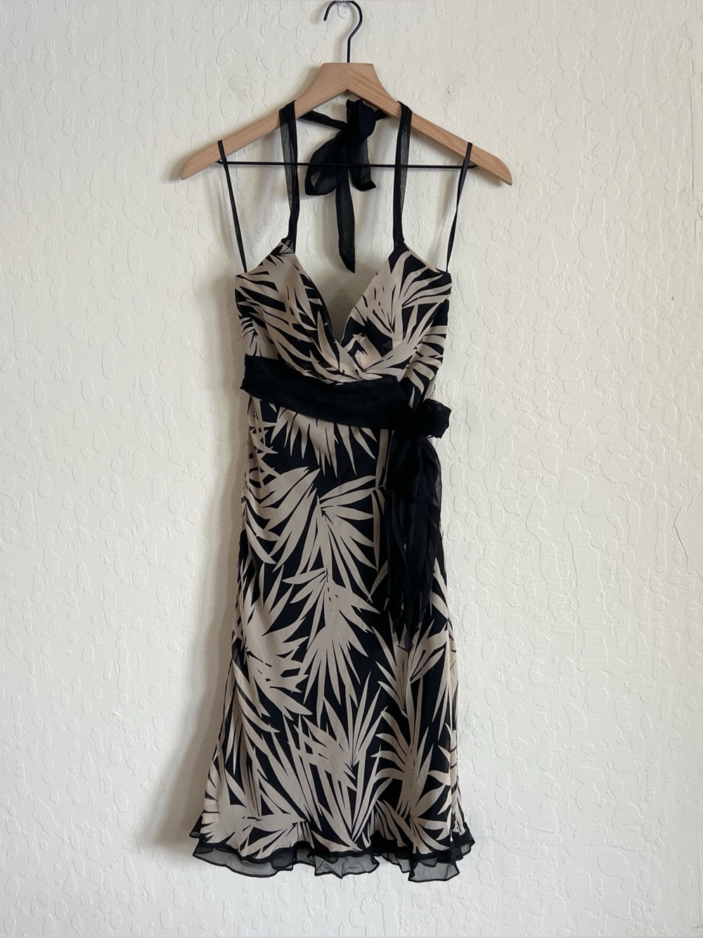 Vintage Y2K Cache 100% Silk Tropical Print Halter Babydoll Midi Dress 4 Black